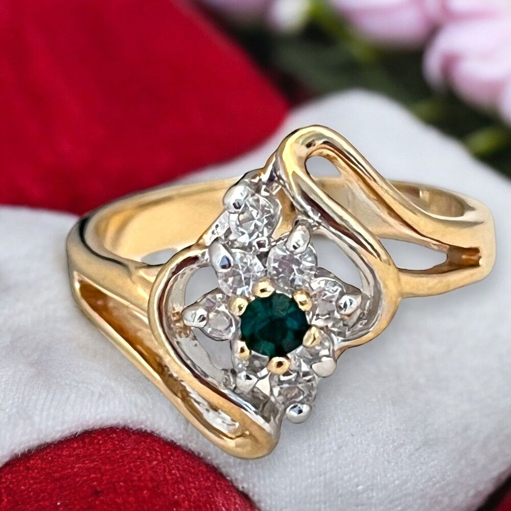 Vintage 1960s Ring Size 7 Mid Century Green Crystal CZ Gold Plate - 14A - Picture 7 of 11